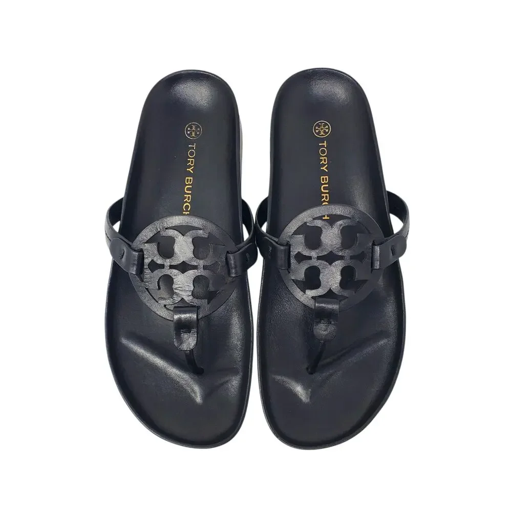 Tory Burch Miller Cloud Thong Sandals Calf Leather Perfect Black Logo Size 9.5 M - Picture 2 of 10